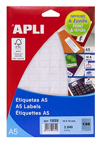 Apli Labels A5 Print & Write 10 x 16 mm weiß 2312pieza (S) – Selbstklebende Etikette (weiß, A5, 16 mm, 10 mm, 190 x 125 x 6 mm, 2312 Stück (S)) Apli Labels A5 Print & Write 10 x 16 mm weiß 2312pieza (S) – Selbstklebende Etikette (weiß, A5, 16 mm, 10 mm, 190 x 125 x 6 mm, 2312 Stück (S)) von APLI