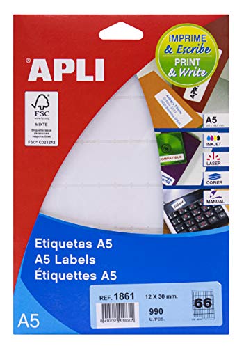 Apli Labels A5 Print & Write 12 x 30 mm weiß 1122pieza (S) – Selbstklebende Etikette (weiß, A5, 30 mm, 12 mm, 190 x 125 x 6 mm, 1122 Stück (S)) von APLI