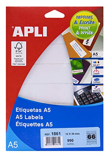 Apli Labels A5 Print & Write 12 x 30 mm weiß 1122pieza (S) – Selbstklebende Etikette (weiß, A5, 30 mm, 12 mm, 190 x 125 x 6 mm, 1122 Stück (S)) Apli Labels A5 Print & Write 12 x 30 mm weiß 1122pieza (S) – Selbstklebende Etikette (weiß, A5, 30 mm, 12 mm, 190 x 125 x 6 mm, 1122 Stück (S)) von APLI
