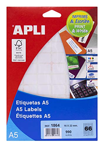 Apli Labels A5 Print & Write 16 x 22 mm weiß 1122pieza (S) – Selbstklebende Etikette (weiß, A5, 22 mm, 16 mm, 190 x 125 x 6 mm, 1122 Stück (S)) von APLI