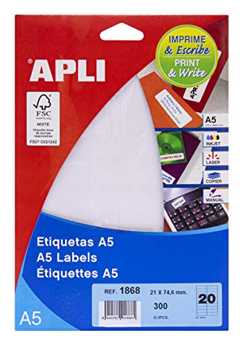 APLI 1868-Etiketten A5 weiß 21,0 x 74,6 mm 15 Blatt von APLI