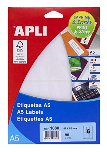 Apli Lables A5 Print & Write 49 x 82 mm weiß 102stück – Selbstklebende Etikette (weiß, A5, 82 mm, 49 mm, 190 x 125 x 6 mm, 102 Stück (S)) von APLI