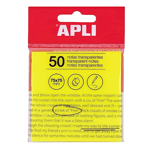 APLI 19569 Haftnotizen, transparent, 75 x 75 mm, Farbe: gelb, 50 Blatt, transparent, wasserfest, ideal für Schüler und Lehrer APLI 19569 Haftnotizen, transparent, 75 x 75 mm, Farbe: gelb, 50 Blatt, transparent, wasserfest, ideal für Schüler und Lehrer von APLI