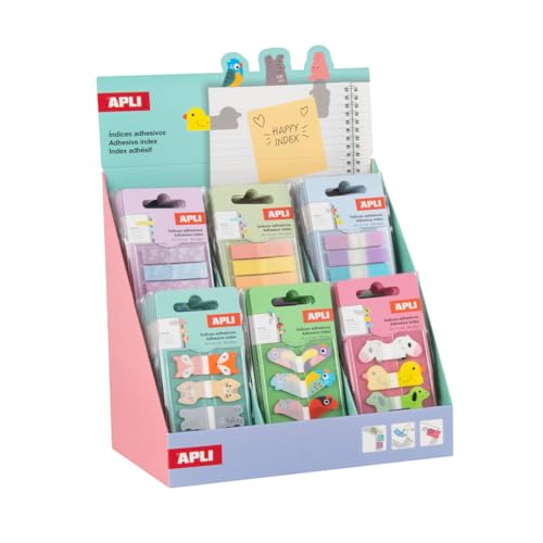 APLI 20242 Display mit 800 Lesezeichen aus selbstklebender Folie, verteilt auf 36 Designs (20 Indexe pro Farbe), 12 Tiermotive und 24 neutralere Designs. von APLI