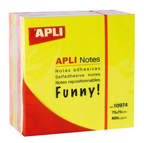 APLI Block Haftnotizen 75 x 75 mm 400 Blatt gelb pink grün und orange glänzend, eimer fluor, 10974 von APLI