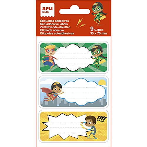 APLI Kids 19019 - Super Heroes Schuletiketten, ideal zum Identifizieren von Büchern und Gegenständen, 3 verschiedene Designs, 9 Etiketten von APLI