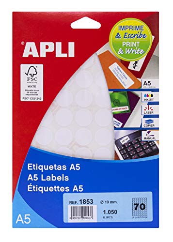 Apli Labels A5 Print & Write 19 x 19 mm weiß 1190pieza (S) – Selbstklebende Etikette (weiß, A5, 19 mm, 19 mm, 190 x 125 x 6 mm, 1190 Stück (S)) von APLI