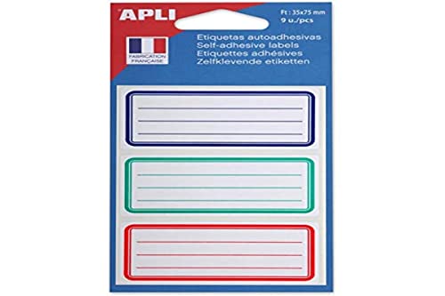 Schuletiketten, 35mm x 75mm, Blauer/Roter/Grüner Rahmen und Linien, Beutel mit 9 von APLI