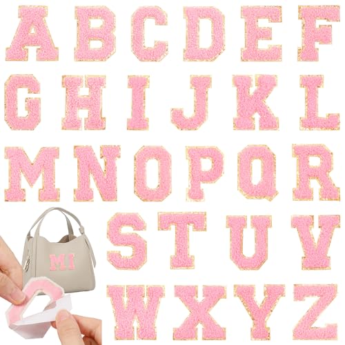 Chenille-Buchstaben-Aufnäher, selbstklebende Stickerei-Flicken von A bis Z, rosa Buchstaben zum Aufbügeln für DIY-Dekoration, 5,3 cm Chenille-Patch für Rucksäcke, Hüte, Jacken und Kleidung, 26 Stück von APLZGMG