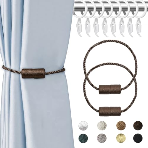 2 Stück Magnetische Vorhang Raffhalter, Krawattenhalter Vorhang, Vorhang Halter Raffhalter mit Vorhang Hängend Ringe und Kunststoff Gardinenhaken für Zuhause Schlafzimmer Büro (Dunkles Kaffee) von APMGONT