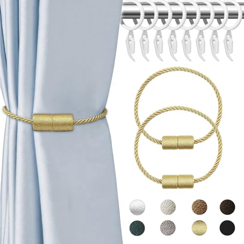 APMGONT 2 Stück Magnetische Vorhang Raffhalter, Krawattenhalter Vorhang, Vorhang Halter Raffhalter mit Vorhang Hängend Ringe und Kunststoff Gardinenhaken für Zuhause Schlafzimmer Büro (Gold) von APMGONT
