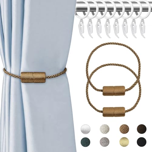 APMGONT 2 Stück Magnetische Vorhang Raffhalter, Krawattenhalter Vorhang, Vorhang Halter Raffhalter mit Vorhang Hängend Ringe und Kunststoff Gardinenhaken für Zuhause Schlafzimmer Büro (Helles Kaffee) von APMGONT