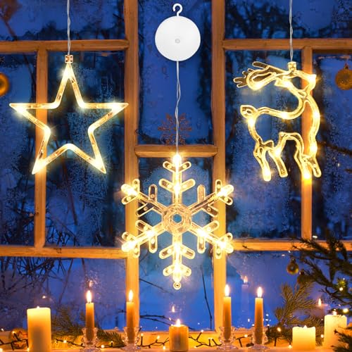 APODESS 3stk Weihnachtsbeleuchtung Fenster Lichtervorhang Fenster Beleuchtung Weihnachten Led Stern Beleuchtet Leuchtsterne Batteriebetrieben für Außen Innen Balkon Garten Warmweiß Fensterdeko von APODESS