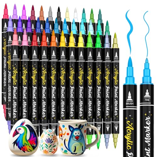 APOGO Acrylstifte für Steine Wasserfest, 36 Farben Dual Tip Acrylfarben Set(Feine Spitze & Pinselspitze), Multimarker Acrylic Marker Stifte für Tassen, Steine Bemalen, Keramik, Ostern Basteln Kinder von APOGO