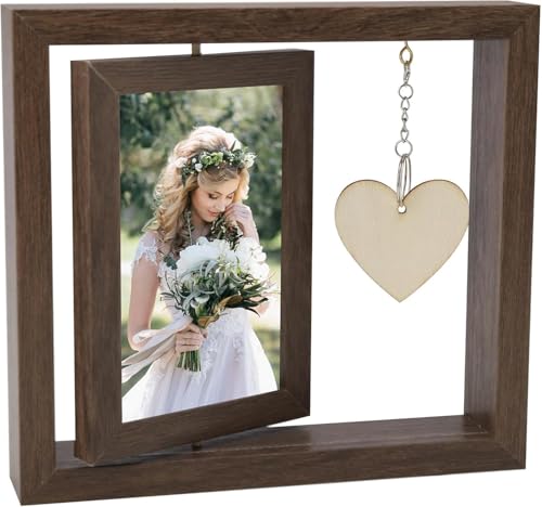 APOMOONS 10x15cm Bilderrahmen Holzrahmen Personalisiert Doppelseitiger Fotorahmen,Holz Drehbare Fotorahmen mit Herz Anhänger,DIY-Fotorahmen Geschenk für Mama Fotorahmen (Walnut color) von APOMOONS