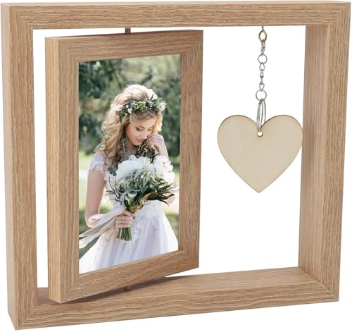 APOMOONS 10x15cm Bilderrahmen Holzrahmen Personalisiert Doppelseitiger Fotorahmen,Holz Drehbare Fotorahmens mit Herz Anhänger,DIY-Fotorahmen Geschenk für Mama (Holzmaserungsfarbe) von APOMOONS