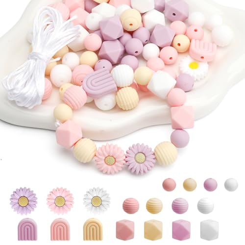 APOMOONS 76 Stück Gänseblümchen Silikonperlen, Armband Perlen Set Armbänder mit Nylonseil, Blumenförmige Bunte Perlen Basteln, Perlenset für DIY Schlüsselanhänger Handwerk Schmuckherstellung von APOMOONS