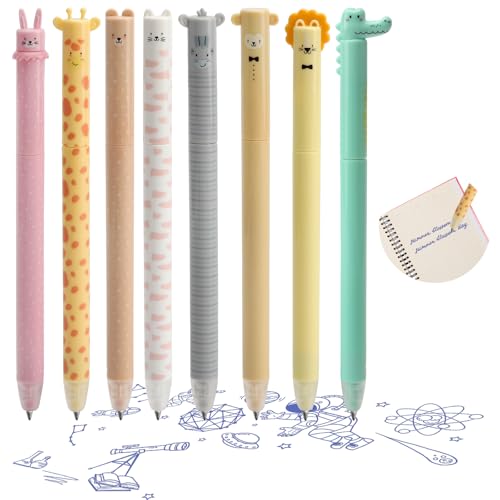 APOMOONS 8PCS Kugelschreiber Radierbar Radierbare Stifte mit Kawaii Tierdesign, Drehmechanismus Radiergummi Erasable Pen Gelstifte Radierbar in 8 Farben für Kinder, Schule, Büro & Geschenke von APOMOONS