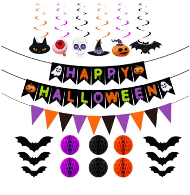 Halloween Party Decoration,Happy Halloween Banner Spiralhaken Fledermausaufkleber und Wabenbälle,Dekorationen für Drinnen und Draußen,Gruselige Fotorequisiten Halloweens Partyzubehör für Kinder 20PCS von APPCRFM