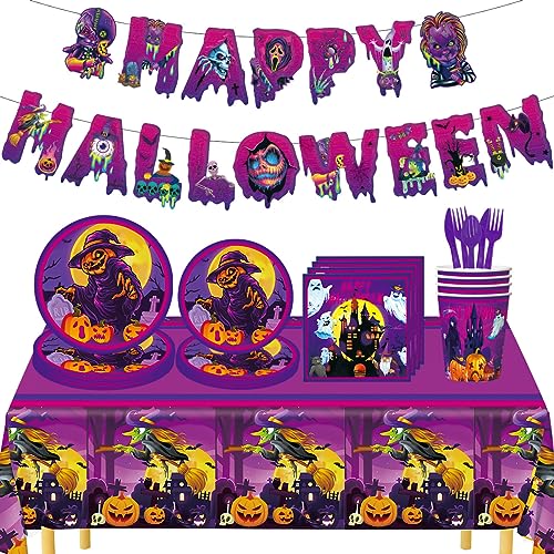 Halloween Partygeschirr Set, Geschirrsets zum Thema Halloween, Halloween Hexen Party Geschirr, Inklusive Teller, Servietten, Pappbecher und Tischdecke - 61PCS Halloween Partygeschirr Set, Geschirrsets zum Thema Halloween, Halloween Hexen Party Geschirr, Inklusive Teller, Servietten, Pappbecher und Tischdecke - 61PCS von APPCRFM
