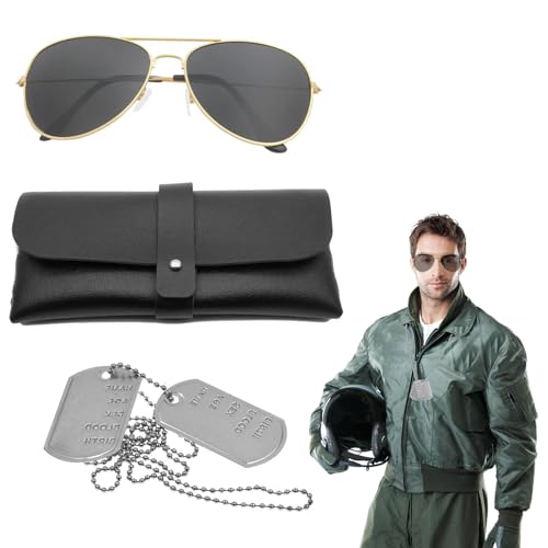 APRRMLIZW Flieger Captain Kostüm Set 3 Stück Silber Erkennungsmarke Kette Sonnenbrille Fliegerbrille Armee Stil Dog Tag Anhänger für Männer Frauen Erwachsene Cosplay Party Thema von APRRMLIZW