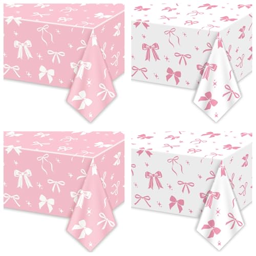 4 Stück rosa Schleife Geburtstag Dekorationen, 130 x 220 cm weiß und rosa Bögen Tischdecke für Mädchen Geburtstag Dekorationen Baby-Dusche Party Supplies von APUXXJUPA