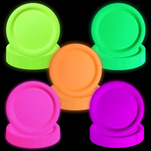 APUXXJUPA Leuchtet im Dunkeln, Neon-Geburtstagsteller, 50 Stück, 23 x 23 cm, Bulk Pappteller, leuchtende Partyteller (Mix-100) von APUXXJUPA