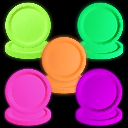 APUXXJUPA Leuchtet im Dunkeln, Neon-Geburtstagsteller, 50 Stück, 23 x 23 cm, Bulk Pappteller, leuchtende Partyteller (Mix-50) von APUXXJUPA