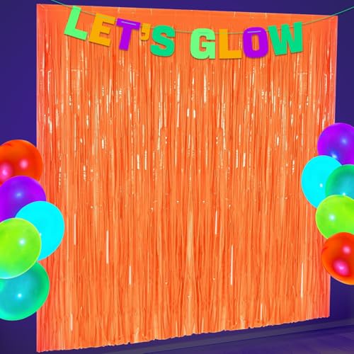Partyzubehör, leuchtet im Dunkeln, 2 Stück, orange leuchtende Party-Fransenvorhänge, metallische Lametta-Folie als großer Eingang für Neon-Party-Dekorationen, 1 x 2 m von APUXXJUPA