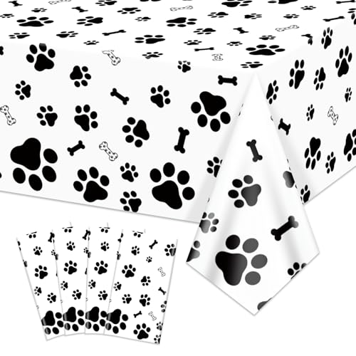 Puppy Dog Paw Print Tischdecke, 4 Pcs schwarz und weiß Pawty Tischdecken für Haustier Hund Themed Birthday Party Dekorationen, 130 x 220 cm von APUXXJUPA