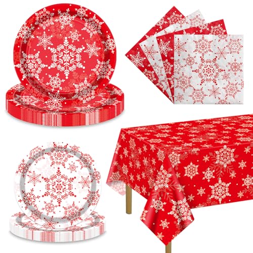 Weihnachts Schneeflocken Teller Set für 20 Gäste, einschließlich roter Schneeflocken Tischdecke, Servietten und Teller für Weihnachten Winterferien Neujahr Party Dekorationen Weihnachts Schneeflocken Teller Set für 20 Gäste, einschließlich roter Schneeflocken Tischdecke, Servietten und Teller für Weihnachten Winterferien Neujahr Party Dekorationen von APUXXJUPA