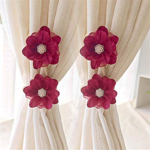 2 Stück Gardinenhalter Cartoon Blume Seil, Blumen Gardinen Raffhalter, Vorhang Raffhalter, Bunte Blumen Raffhalter für Vorhänge (Burgunderrot) von AQCQDQ