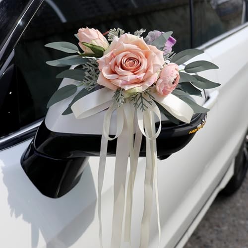2 Stück Hochzeit Autoschmuck, Hochzeit Autoschleifen, Vintage Hochzeits Künstliche Blume mit Saugnäpfen für Auto Rückspiegel (Champagner) von AQCQDQ