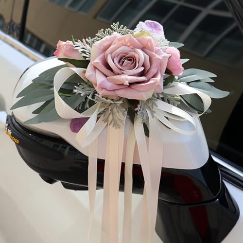 2 Stück Hochzeit Autoschmuck, Hochzeit Autoschleifen, Vintage Hochzeits Künstliche Blume mit Saugnäpfen für Auto Rückspiegel (Creme-Pulver) von AQCQDQ