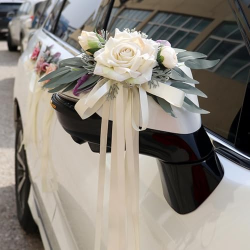 2 Stück Hochzeit Autoschmuck, Hochzeit Autoschleifen, Vintage Hochzeits Künstliche Blume mit Saugnäpfen für Auto Rückspiegel (Milchig Weiß) von AQCQDQ