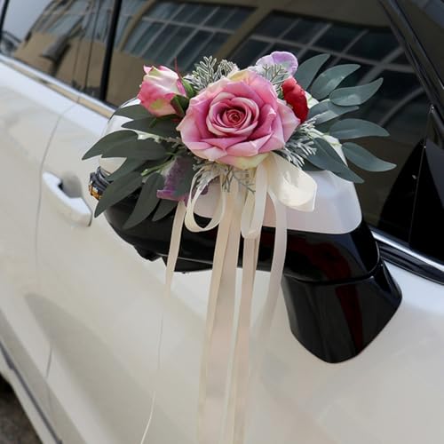 2 Stück Hochzeit Autoschmuck, Hochzeit Autoschleifen, Vintage Hochzeits Künstliche Blume mit Saugnäpfen für Auto Rückspiegel (Rose Rosa) von AQCQDQ