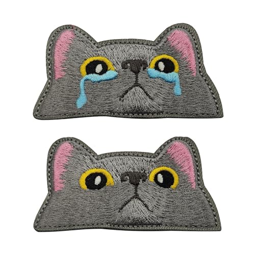2 Stück Kätzchen Stickereien, Schwarze Katzen Aufnäher, Niedliches Tier Patches, Geeignet für Kleidung, Rucksäcke, Hüte (Grau) von AQCQDQ