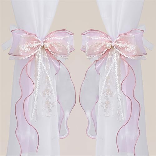 2 Stück Vorhang Raffhalter Mit Schleife, Doppelte Spitze Band Vorhang Krawatten, Vorhanghalter Raffhalter, Schlafzimmer Wohnzimmer Vorhang Krawatten (Rosa) von AQCQDQ
