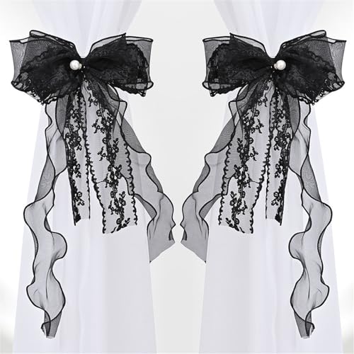 2 Stück Vorhang Raffhalter Mit Schleife, Doppelte Spitze Band Vorhang Krawatten, Vorhanghalter Raffhalter, Schlafzimmer Wohnzimmer Vorhang Krawatten (Schwarz) von AQCQDQ