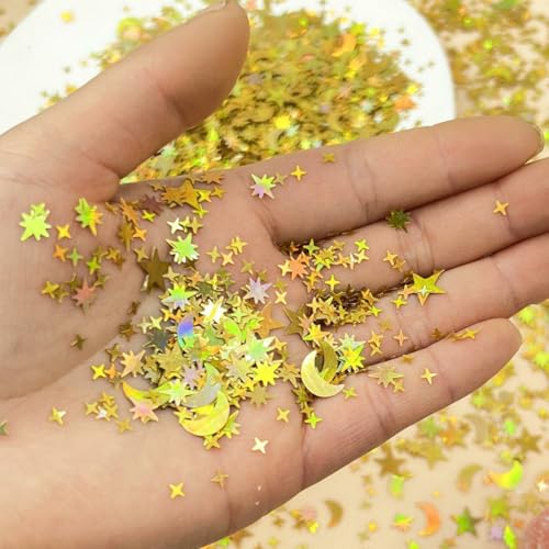 2000 Stück Sterne Konfetti, Glitzer Confetti Geburtstag Deko, Tischdeko Sterne Mond Streudeko Silber Deko für Hochzeitsfeier, Geburtstagsfeiern, DIY Streudek (2000,golden) von AQCQDQ
