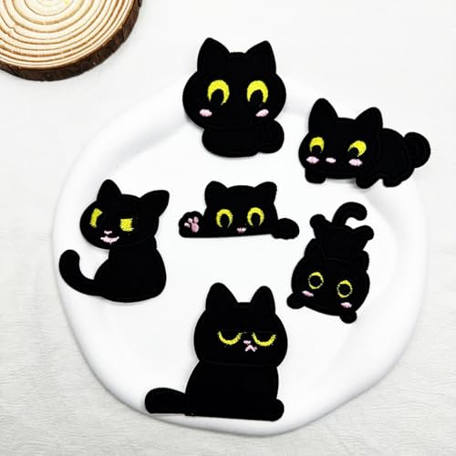 6PCS Patch Süße Schwarze Katze, Katzen Patches zum Aufbügeln, Kätzchen-Stickereien Aufnäher für Kleidung Hüte Rucksäcke Dekoration (6PCS-A) von AQCQDQ