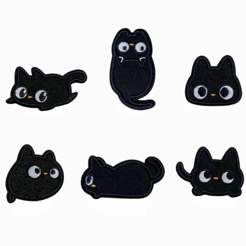 6PCS Patch Süße Schwarze Katze, Katzen Patches zum Aufbügeln, Kätzchen-Stickereien Aufnäher für Kleidung Hüte Rucksäcke Dekoration (6PCS-B) von AQCQDQ