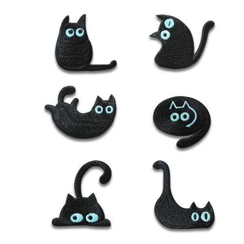 6PCS Patch Süße Schwarze Katze, Katzen Patches zum Aufbügeln, Kätzchen-Stickereien Aufnäher für Kleidung Hüte Rucksäcke Dekoration (6PCS-C) von AQCQDQ