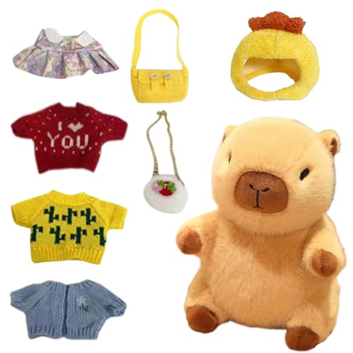 AQCQDQ 25 cm Capybara Plüschtier, Kuscheltier Capybara mit Kleidung und Accessoires, Simulation Tier Capybara Puppen, Niedlichen Capybara Kuscheltier, Geschenk für Kinder (8pcs) von AQCQDQ
