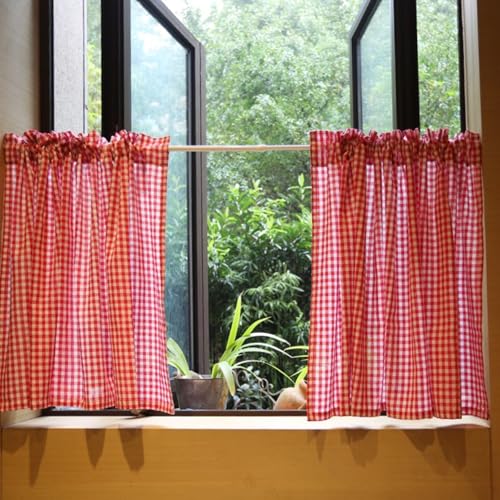 AQCQDQ 2er Pack Scheibengardinen, Rot Weiß Kariert Gingham Kurzvorhang, Blickdicht Kurzgardine für Küchen Esszimmer Badezimmer Klein Fenster Bistrogardine (B115*H40 cm) von AQCQDQ