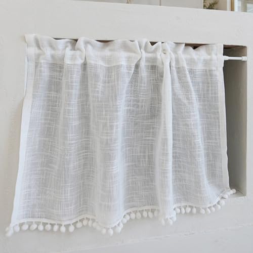 AQCQDQ 2er Set Scheibengardinen, Modern Küchengardinen, Bistrogardine, Landhausstil Leinen Kurzgardine mit Zierkugeln, Gardine Vorhang für Küchen Balkon (B70*H75 cm) von AQCQDQ