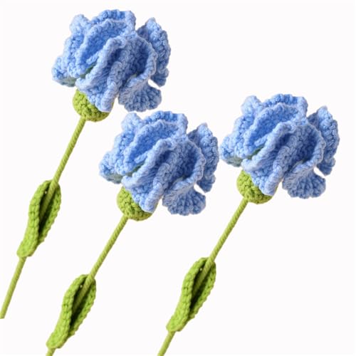 AQCQDQ Häkelblumen 3 Stücke, Handgemachter gehäkelter Blumenstrauß, Stricken Häkeln Blumen, Handgefertigter Blumenstrauß, Fertige Handgefertigte Blumen für Geschenk (Blau) von AQCQDQ