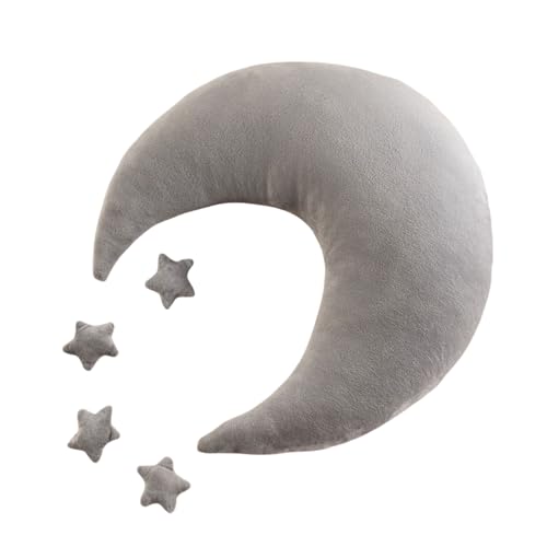 AQCQDQ Kuschelkissen Kinder Mondkissen, Weiche Flauschige Mond Kissen Mit 4 Stück Sternen für Mädchen und Jungen,Plüsch Kissen Dekokissen für Kinderzimmer Schlafzimmer Deko (Grau) von AQCQDQ
