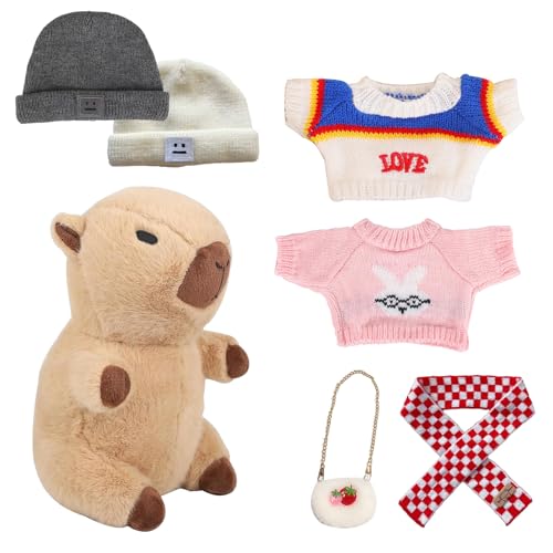 AQCQDQ Puppenbekleidung für 27cm Puppen mit Pullover und Zubehör, Simulation Capybara Plüschtier Mit 6pcs Kleidung Und Accessoires, Mini zarte Puppenkleidung Capybara Plüsch (#E) von AQCQDQ