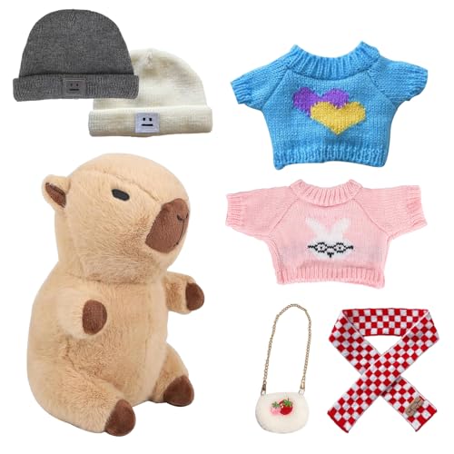 AQCQDQ Puppenbekleidung für 27cm Puppen mit Pullover und Zubehör, Simulation Capybara Plüschtier Mit 6pcs Kleidung Und Accessoires, Mini zarte Puppenkleidung Capybara Plüsch (#F) von AQCQDQ